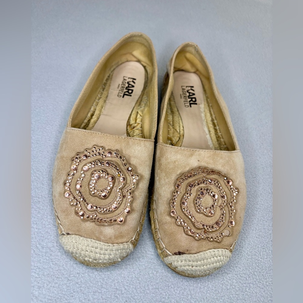 Karl Lagerfeld Paris Espadrille Flats Tan Studded Slip On 8